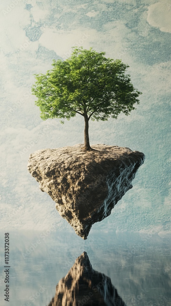 Poster a floating island with a vibrant green tree, reflecting in calm water, set against a cloudy sky, cre