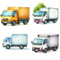 Colorful delivery trucks in various styles and sizes lined up on a white background