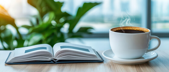 steaming cup of coffee beside open book on wooden table