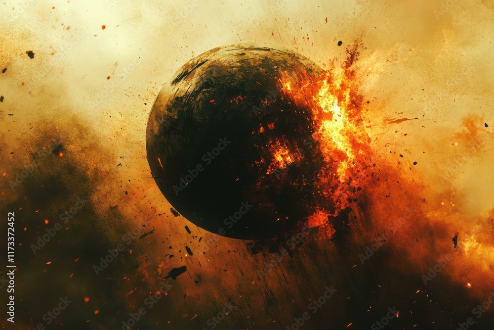 Poster explosion of a planet in a cosmic event with fiery clouds and debris scattered in space