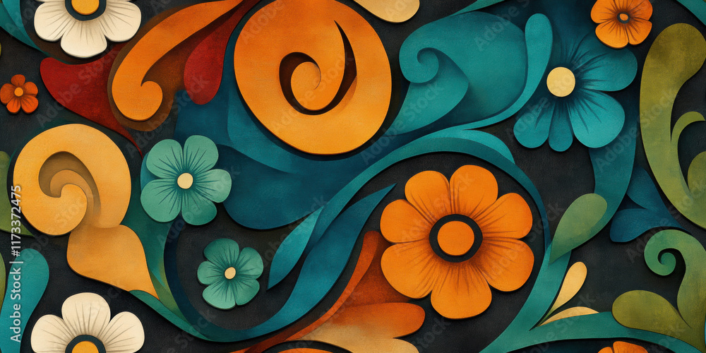 Poster Seamless bohemian background, An abstract bohemian background featuring swirling patterns, designed for high fidelity visuals, suitable for various creative projects and designs.