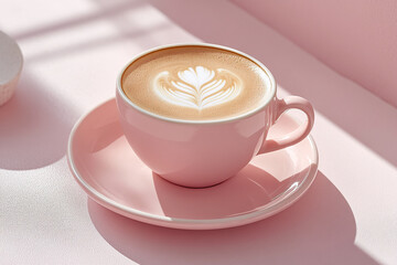 Creamy latte in a pink cup with heart latte art, placed on a pastel pink surface in soft sunlight