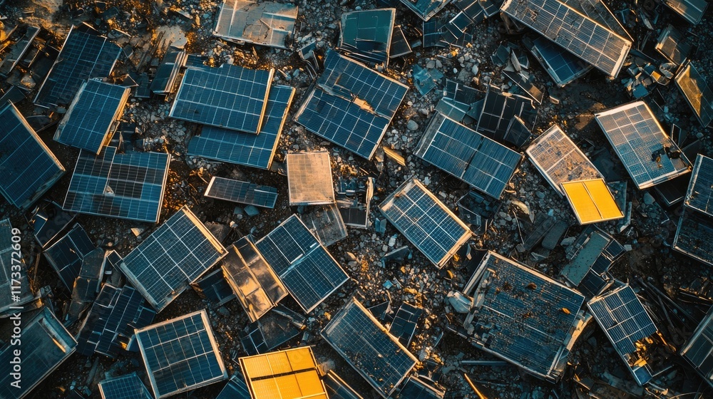 Aufkleber broken solar panels arranged for recycling and inspection, emphasizing the importance of sustainable