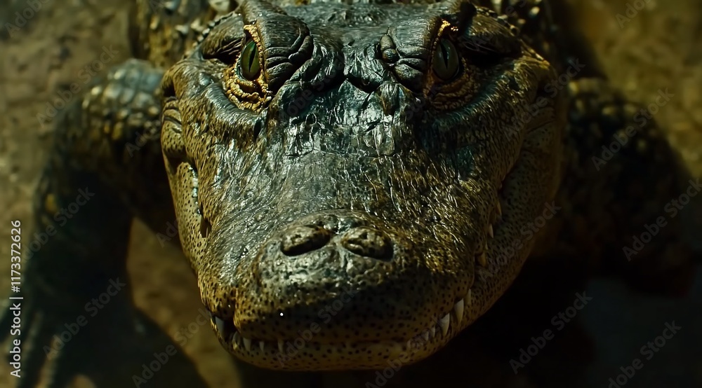 Poster close-up of an alligator's head and eyes, showing its textured skin and sharp teeth.