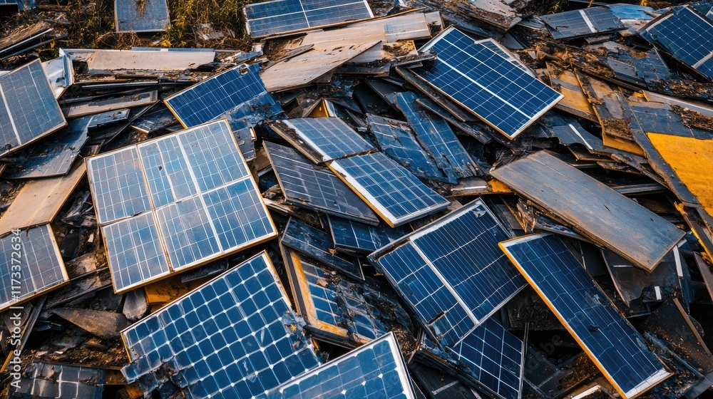 Poster broken solar panels arranged for recycling and inspection, emphasizing the importance of sustainable