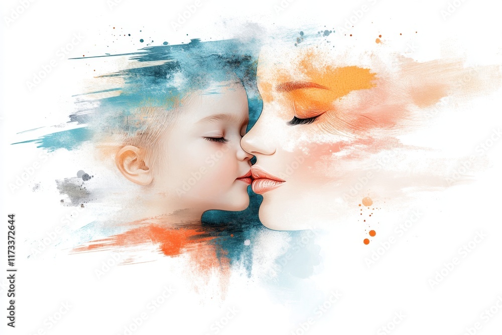 Poster a simple 2d drawing of a parent kissing their child cheek, with warm tones and abstract details on a