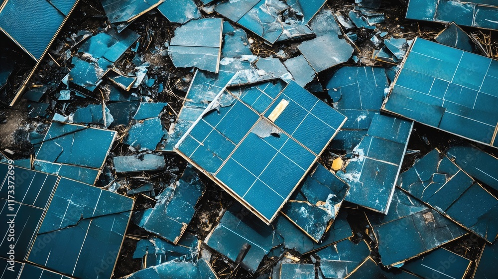 Poster broken solar panels being inspected and sorted for recycling, representing the future of sustainable