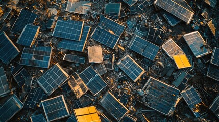 Broken solar panels arranged for recycling and inspection, emphasizing the importance of sustainable energy practices and responsible resource management