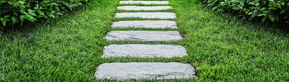 Poster a serene walkway made of stone slabs traverses lush green grass, creating a tranquil path through a 