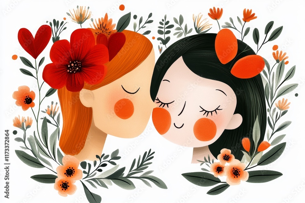 Poster a simple 2d drawing of a parent kissing their child cheek, with warm tones and abstract details on a