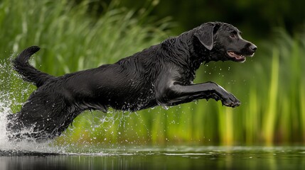 Black Labrador Retriever Dog Jumping in Water, Action Shot