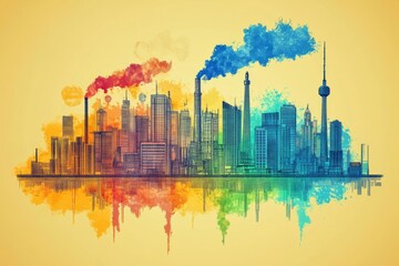 City skyline painted in vibrant colors with smoke billowing from factories, showcasing urban life and industry
