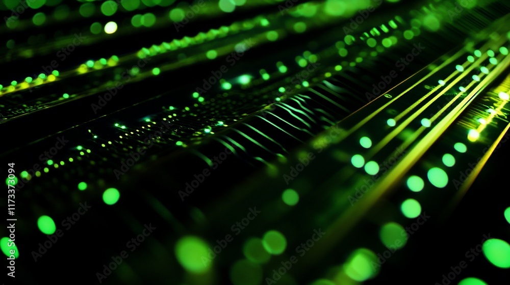 Poster abstract green glowing lines and dots on dark background, resembling a circuit board or futuristic t