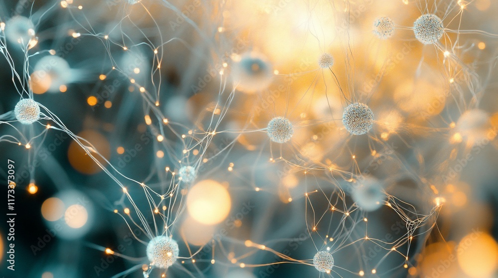 Poster abstract neural network, interconnected nodes, glowing connections, digital brain.