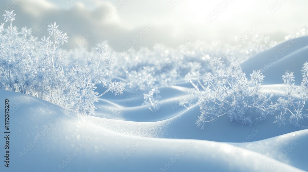 Poster close-up of frosted snowflakes shimmering against a peaceful snowdrift, creating a serene and calmin