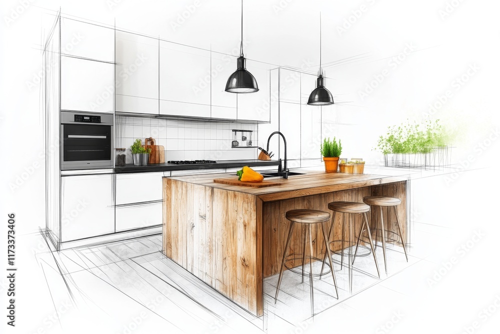 Poster a simple drawing of a modern kitchen island with stools, placed on a clean white background for a mi