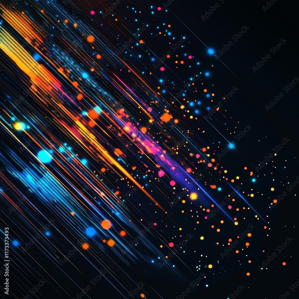 Poster explore a vibrant abstract data pattern featuring dynamic light streaks and colorful particles in a 