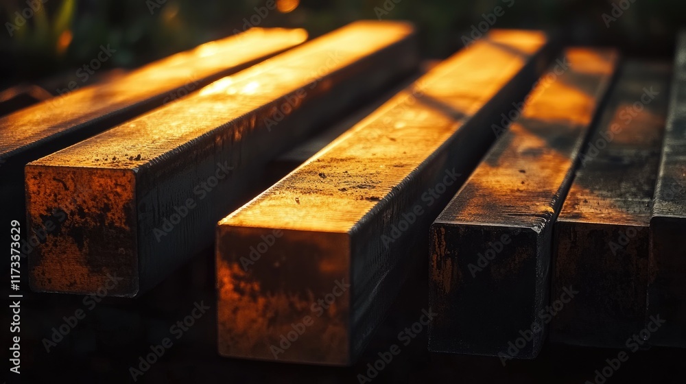 Poster close-up of neatly stacked steel bars with golden sunlight reflecting off the metal, creating a cont