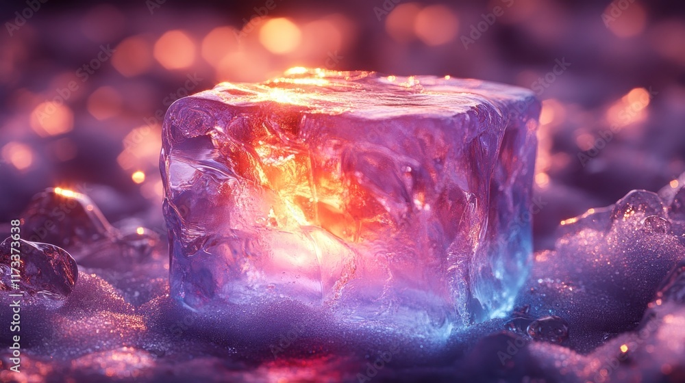 Poster glowing ice cube surrounded by shimmering ice creating a captivating visual effect
