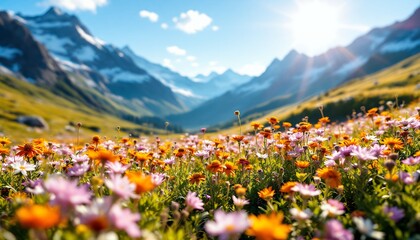 Fototapeta premium Alpine Meadow in Bloom: A Vibrant Tapestry of Wildflowers Against a Majestic Mountain backdrop