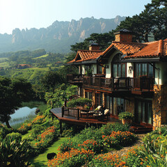 Obraz premium Mountain villa with lake view, flowers, and Seoraksan backdrop
