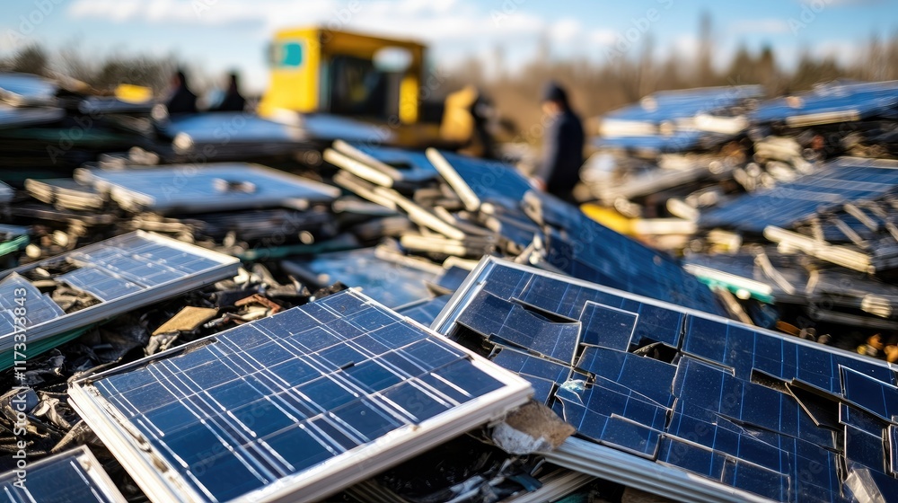 Poster damaged solar panels being sorted at a recycling center, with a focus on sustainable practices and e