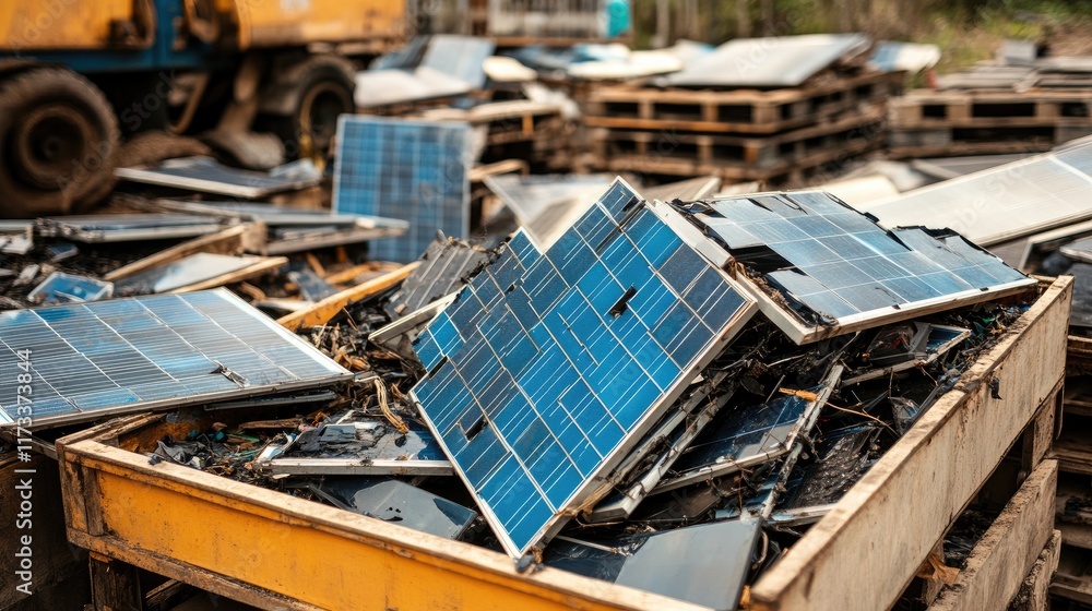 Poster damaged solar panels being sorted at a recycling center, with a focus on sustainable practices and e