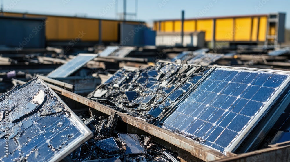 Poster damaged solar panels being sorted at a recycling center, with a focus on sustainable practices and e