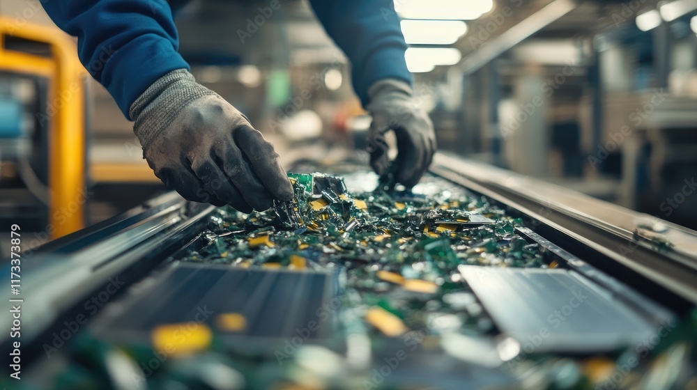 Aufkleber damaged solar panels being sorted at a recycling center, with a focus on sustainable practices and e