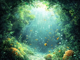 Obraz premium A tranquil underwater cave glowing with radiant coral and shimmering fish. A massive glowing pearl rests at the center, casting light that illuminates the cavern's intricate details. 