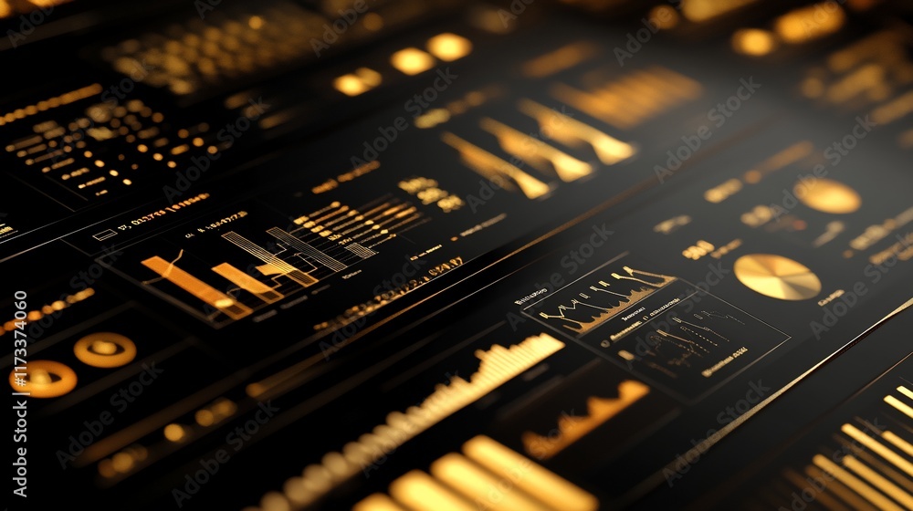 Poster Close-up of a digital dashboard displaying various charts and graphs in gold and black.