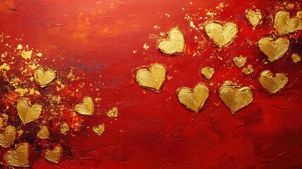 Dazzling golden hearts spread across a bright red canvas, adding a touch of romance and festivity to create a vibrant and joyful celebration scene