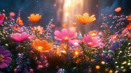 Cybernetic garden with growing digital flowers and plants