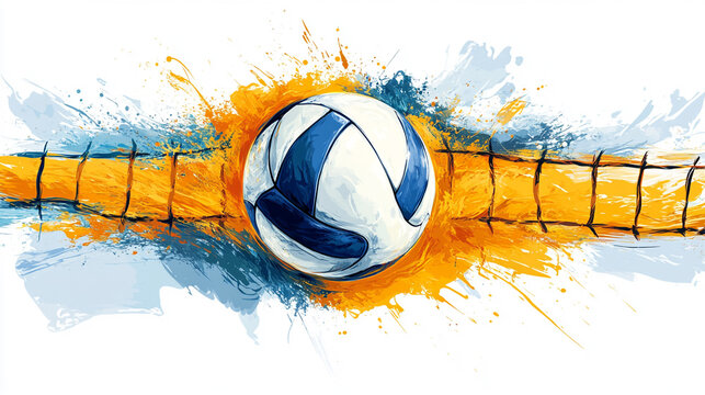 Vibrant volleyball artwork showcasing the ball and net with splashes of color