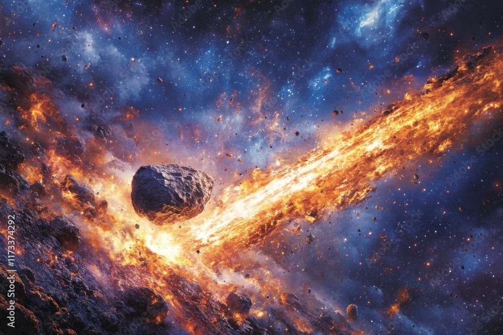 Poster asteroid colliding with a planet in a fiery cosmic explosion during a distant space event
