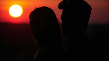 Silhouetted couple embracing during a stunning orange sunset, capturing the essence of love and romance against a tranquil evening sky