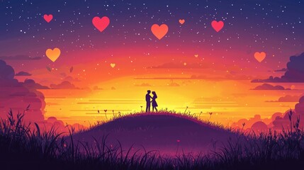 Fototapeta premium Romantic Silhouette of a Couple Embracing at Sunset with Colorful Hearts Floating in the Starry Sky Above a Gentle Hill in a Dreamy Landscape