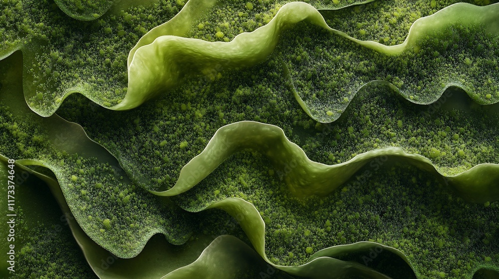 Poster abstract green textured surface with wavy patterns and granular details, resembling a close-up of mo