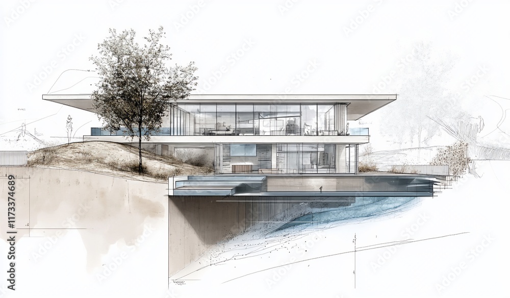 Aufkleber architectural rendering of a modern hillside house with pool and landscaping.
