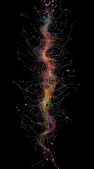 Vivid abstract lines and vibrant dots entwine gracefully against a black background, exhibiting a harmonious blend of color and motion.