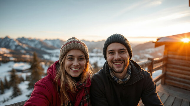 Young couple enjoying stunning sunset view from wooden viewpoint in snowy mountain landscape
