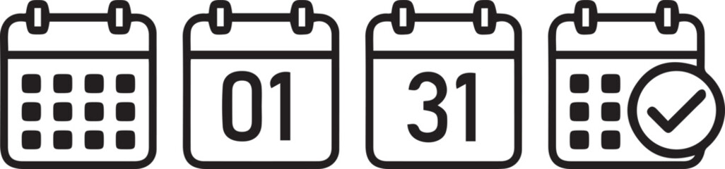 Calendar icon set. calendar planner icons for app, website, ui. reminder organizer event signs. business plan schedule. vector symbol on transparent background, eps file.