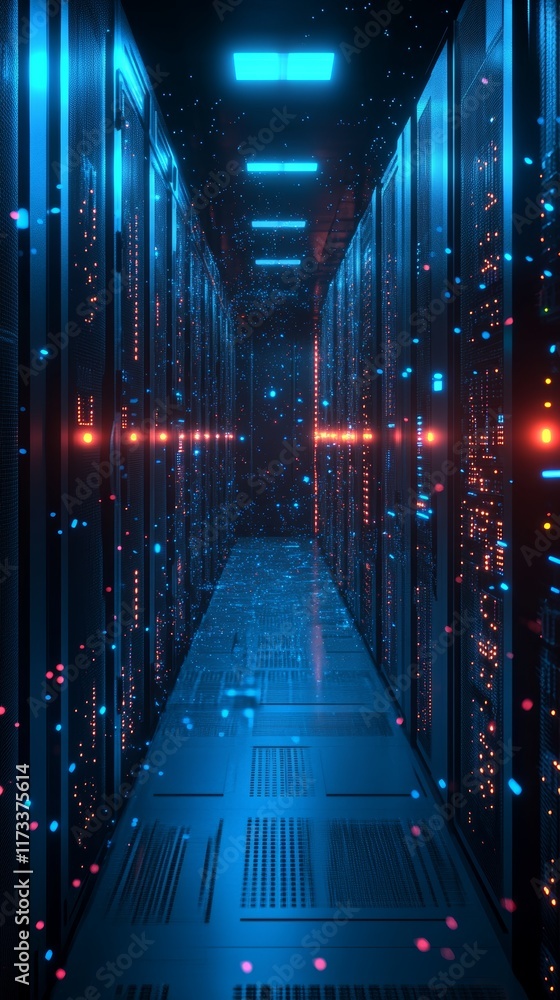 Poster Explore a stunning futuristic corridor showcasing a high-tech data network, illuminated by vibrant lights and particles, representing advanced technology.