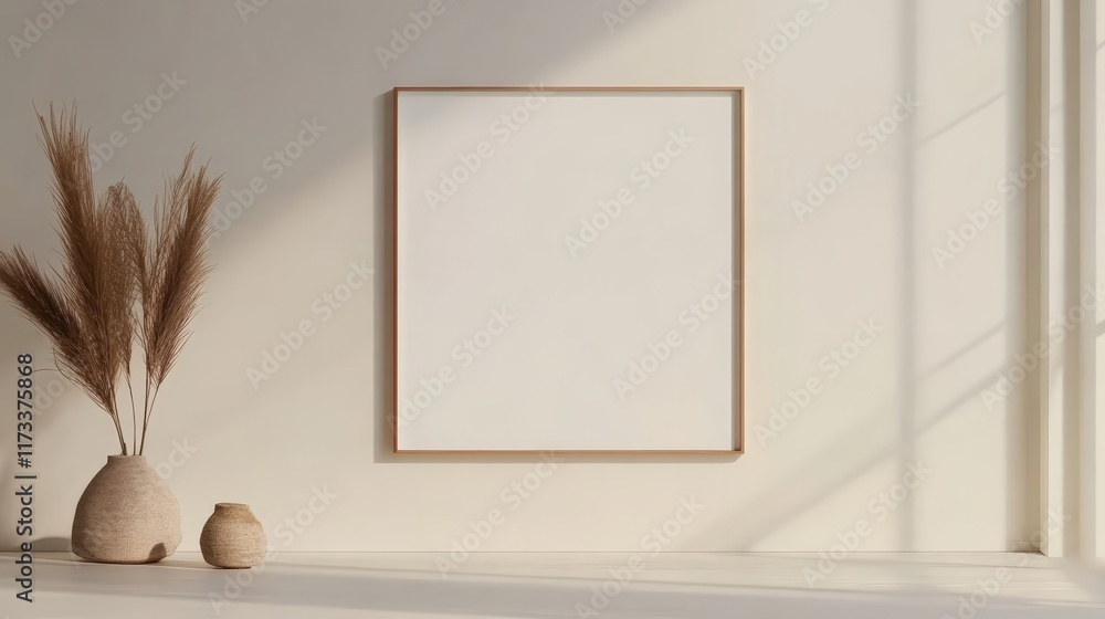 Aufkleber blank vertical frame mockup is hanging on a white wall with pampas grass in vases on a white floor w