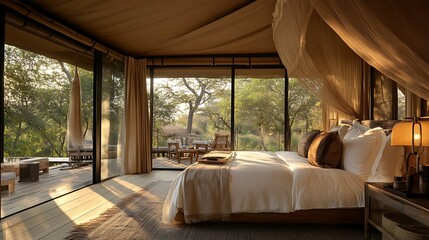 Safari Lodges: Safari lodge with luxurious tents, wildlife viewing, and immersive nature experiences, offering an adventurous and comfortable stay