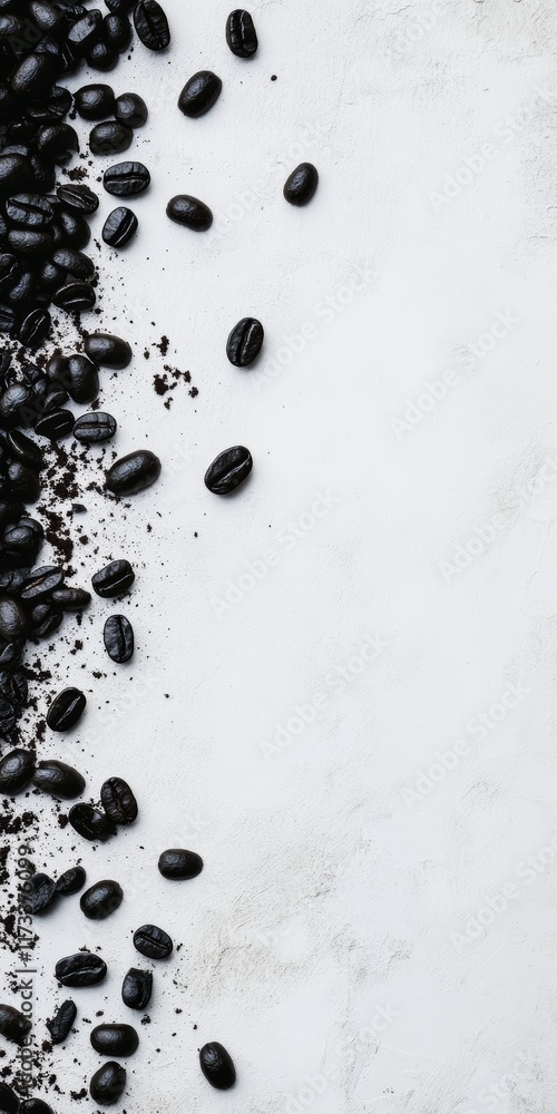 Poster top view of coffee beans scattered on a white background, creating a minimalist and modern design wi