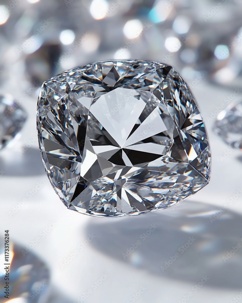 Poster close-up of a brilliant-cut cushion diamond, showcasing its facets and sparkle. surrounded by other 