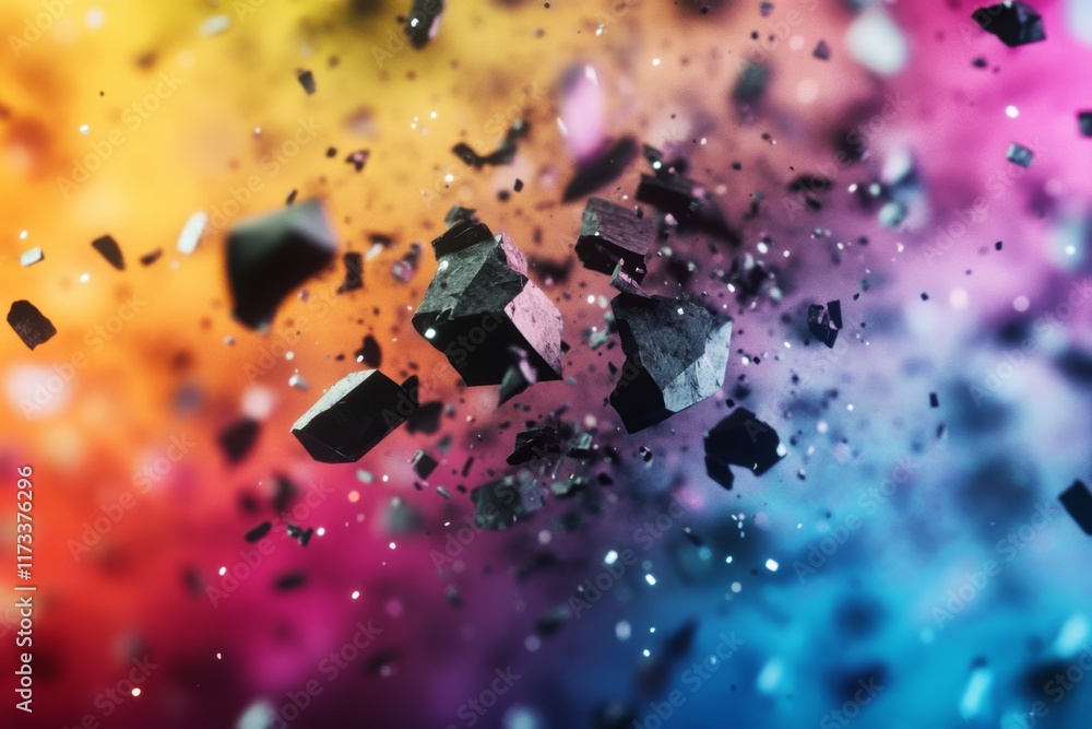Poster black rocks shatter in a colorful, dynamic explosion, creating a vibrant and energetic abstract scen