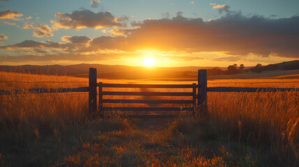 Obraz premium A poetic photography of an open field with an old wooden gate leading nowhere, surrounded by soft golden grass and the gentle glow of a setting sun.
