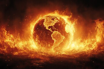 Global catastrophe depicted with a fiery earth surrounded by flames and smoke in a dramatic...